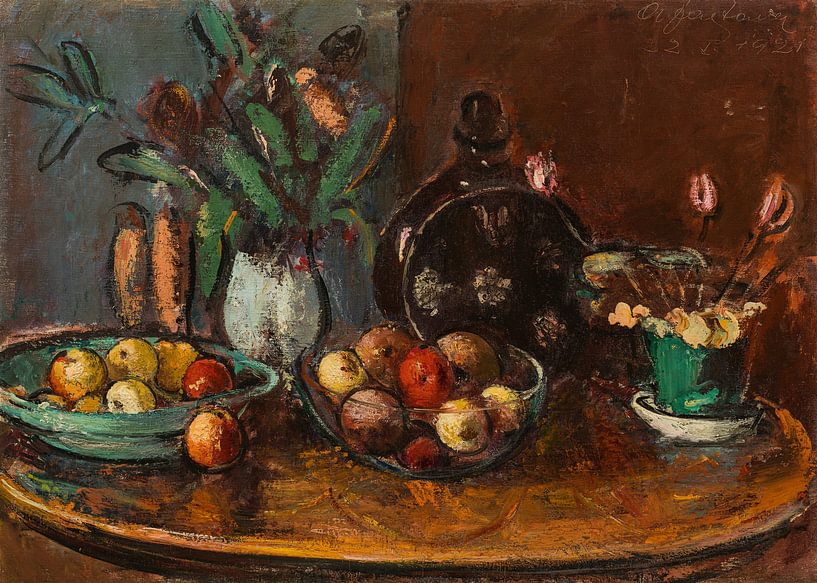 Anton Faistauer, Nature morte de fruits et de fleurs avec une bouteille brune, 1921 par Atelier Liesjes
