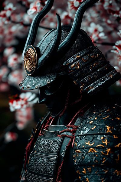 Samurai armour in front of cherry blossoms by Poster Art Shop