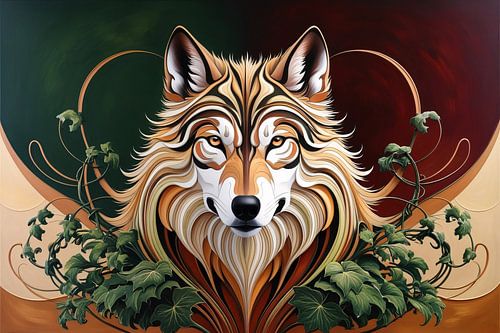 Majestueuze wolf met bladeren