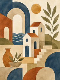 Mediterranean Coastal Village: A Serene Abstract Watercolor Scene by MARTINA KUSUMA DEWI