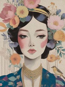 Collage eines Porträts einer Frau mit Vogel. Buntes Retro - 16