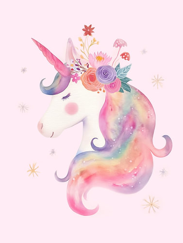 Rainbow Unicorn with Flowers and Mushrooms