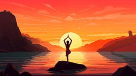 Frauensilhouette macht Yoga am Strand bei Sonnenuntergang