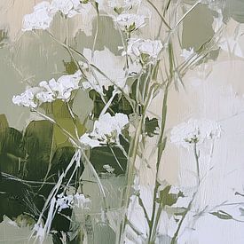 Corydale dans Groen HarmonieCette œuvre abstraite capture la délicate élégance du corydale dans une composition calme et harmonieuse. À l'aide d'un couteau à palette, de fines tiges vertes ont été peintes avec force et raffinement. Elles s'élèvent de manière légère et rythmée, comme si elles flottaient doucement sur une brise estivale invisible. Les bouquets de fleurs blanches flottent comme de petits accents lumineux au-dessus de la verdure, subtils, aériens et presque transparents.  Le fond est constitué de surfaces soigneusement appliquées dans des tons beige, blanc cassé, vert olive, vert mousse et vert herbe. Ces nuances se fondent les unes dans les autres et forment ensemble un lit chaud et naturel pour le jeu des lignes des branches. Le couteau à palette apporte une texture palpable : ici et là robuste et stratifiée, mais toujours avec une finition raffinée qui respire le calme et l'équilibre.  L'effet complémentaire entre les branches et le fond renforce l'harmonie du tableau. Le vert frais des tiges contraste subtilement avec les tons terreux plus doux en arrière-plan, créant ainsi de la profondeur et du mouvement sans perturber la sérénité.  « Fluitekruid in Groen Harmonie » respire le calme, l'espace et l'élégance naturelle. C'est une ode à la simplicité des fleurs des champs, traduite en formes et textures abstraites qui semblent à la fois modernes et intemporelles. Une œuvre qui apporte la paix, mais qui continue à fasciner par sa structure stratifiée et son jeu de couleurs raffiné. sur Bianca ter Riet