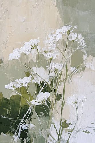 Wiesenkerbel in Grüner HarmonieDieses abstrakte Werk fängt die zarte Eleganz des Wiesenkerbels in einer ruhigen, harmonischen Komposition ein. Mit dem Palettenmesser wurden schlanke, grüne Stiele kraftvoll, aber raffiniert dargestellt. Sie ragen leicht und rhythmisch empor, als würden sie sanft von einer unsichtbaren Sommerbrise bewegt. Die weißen Blütenbüschel schweben wie kleine Lichtakzente über dem Grün – subtil, luftig und fast transparent in ihrer Präsenz. Der Hintergrund besteht aus sorgfältig aufgetragenen Flächen in Beige, Cremeweiß, Olivgrün, Moosgrün und Grasgrün. Diese Farbtöne fließen ineinander und bilden zusammen ein warmes, natürliches Bett für das Linienspiel der Zweige. Das Palettenmesser sorgt für eine spürbare Struktur: hier und da robust und vielschichtig, aber immer mit einem raffinierten Finish, das Ruhe und Ausgewogenheit ausstrahlt.  Die komplementäre Wirkung zwischen den Zweigen und dem Untergrund verstärkt die Harmonie im Gemälde. Das frische Grün der Stiele kontrastiert subtil mit den sanfteren Erdtönen im Hintergrund und schafft so Tiefe und Bewegung, ohne die Ruhe zu stören.  „Fluitekruid in Groen Harmonie” strahlt Stille, Weite und natürliche Eleganz aus. Es ist eine Ode an die Einfachheit von Feldblumen, übersetzt in abstrakte Formen und Texturen, die sowohl modern als auch zeitlos wirken. Ein Werk, das Ruhe bringt, aber gleichzeitig durch seine vielschichtige Struktur und sein raffiniertes Farbenspiel fasziniert.