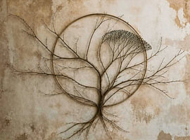 Wabi-Sabi Tree of Life made from twigs: organic wall art in a circular design on lime plaster