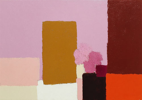 Abstract geometric patches of colour in lilac and mustard yellow