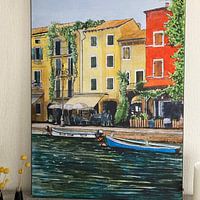 Klantfoto: Lazise vissershaven | Gardameer Italie | Aquarel schilderij van WatercolorWall, als artframe