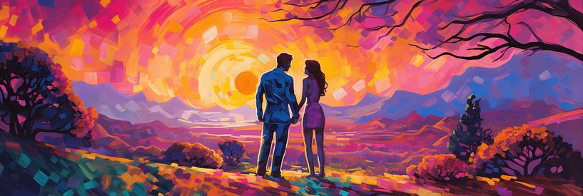 Hand in Hand bei Sonnenuntergang - Bunte abstrakte Malerei von Surreal Media