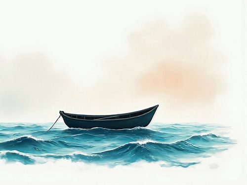Schilderij van een verlaten bootje op zee