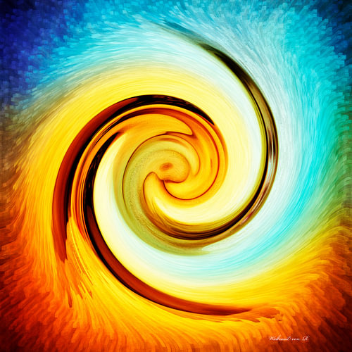 Tourbillon de couleurs dynamique en jaune « & Türkis – Abstrakte Energie & » (peinture murale moderne)