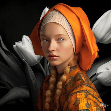 Modernes Mädchen mit dem Perlenohrring VII Johannes Vermeer Tulpen von René van den Berg