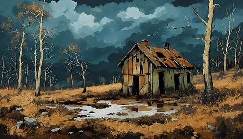 abandoned hut in the mountains, thunderstorm atmosphere