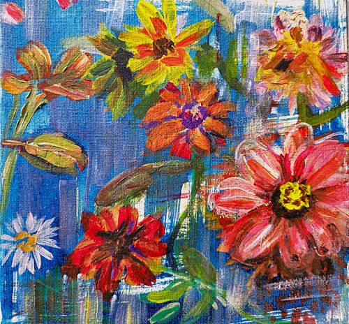 Schilderij van vrolijke bloemen van Schilderijen Liesbeth Serlie