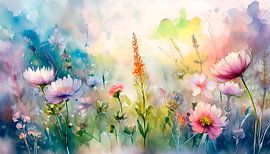 Watercolour Painting of a field of flowers in pastel by Studio Pieternel