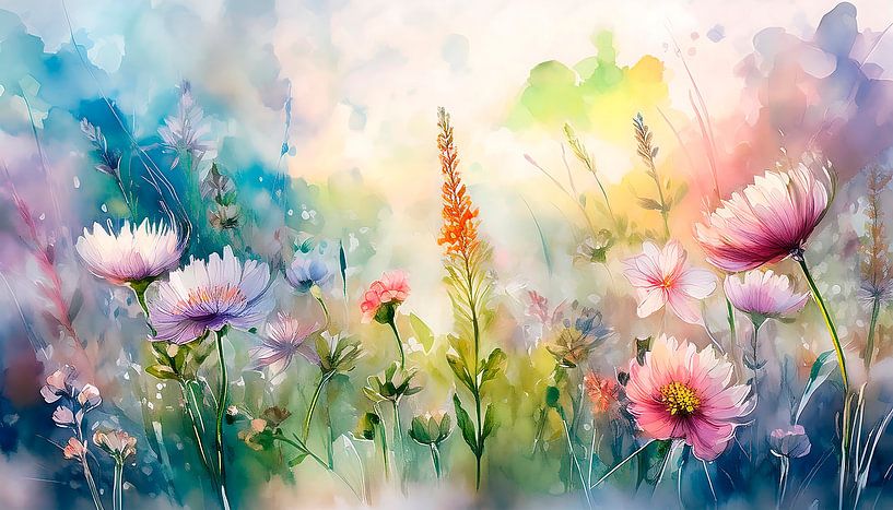 Aquarellierung eines Blumenfeldes in Pastell von Studio Pieternel