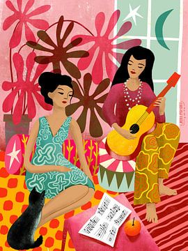 House Music Ladies With Guitar And Cat by uta krogmann