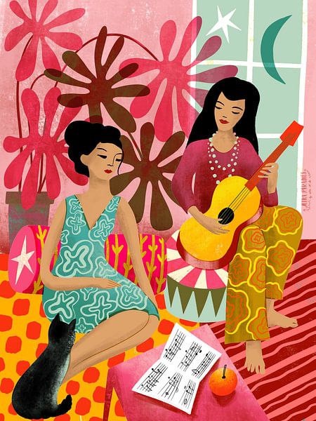 Hausmusik Damen mit Gitarre und Katze von uta krogmann
