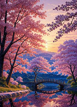 Kersenbloesem Sakura rivier lente Japan van Ruzerin
