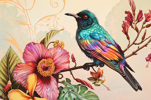 Tropische vogel met kleurrijke bloemen