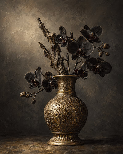 Indonesian Black Orchid and Javanese Brass - Classic Still Life