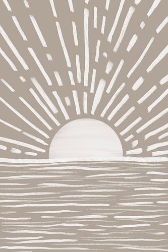 Minimalistische kunst met zonnestralen en oceaangolven