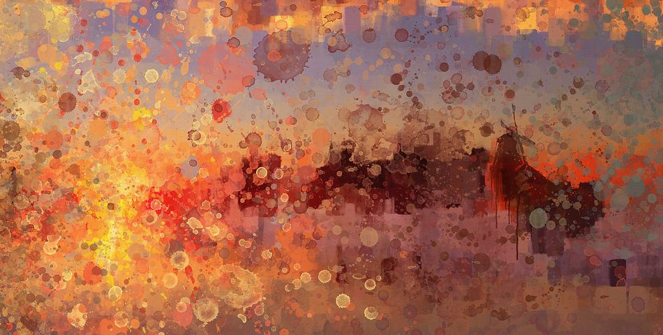 Splatter III Molen in de schemering | Abstract schilderij van een zonsondergang aan het water