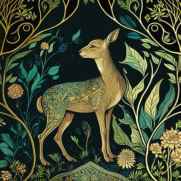 Illustration d'un cerf dans une forêt sur Vlindertuin Art