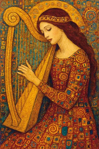 Een schilderij van een harpiste die de harp bespeelt.