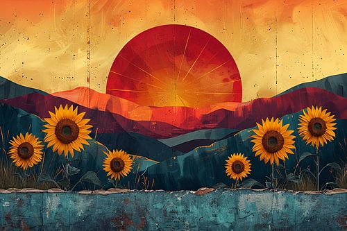 Retro zomerlandschap met zonnebloemen en zonsondergang