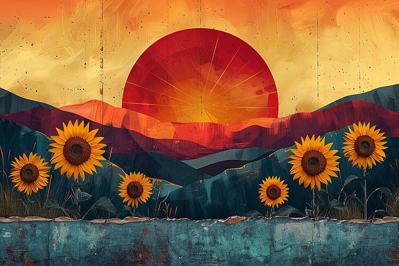Paysage d'été rétro avec tournesols et coucher de soleil par Poster Art Shop