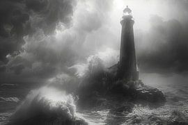 Dramatic storm at sea with historic lighthouse scene by Poster Art Shop