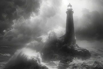 Dramatische storm op zee met historische vuurtorenscène van Felix Brönnimann