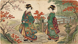 Zwei Geishas, die durch einen japanischen Herbstgarten schlendern von my pixel art