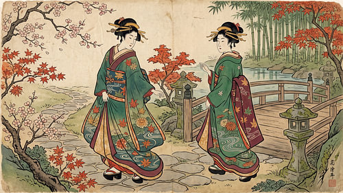 Two Geishas Wandering Through an Autumn Japanese Garden