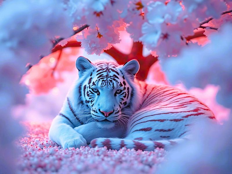 Weißer Tiger unterm Kirschblüten Baum von A.D. Digital ART