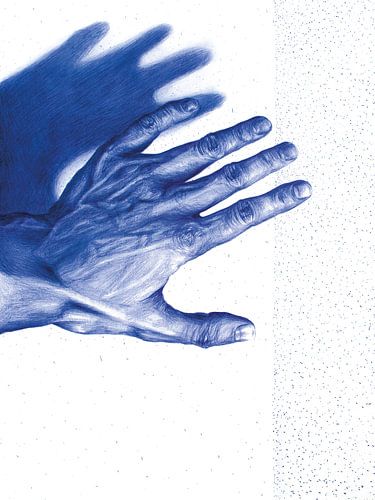 Hand und Schatten (Hand & Shadow) – Blaue Kugelschreiberzeichnung