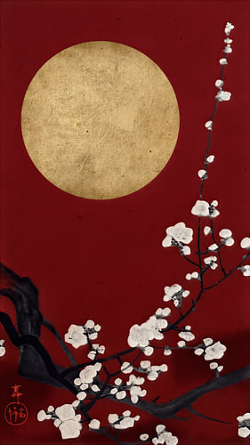 Traditional Japanese print: Blossoms in full bloom under a full moon in warm red