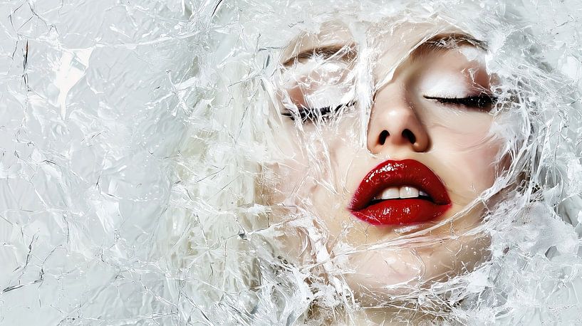 Woman with red lipstick behind a layer of ice by Frank Heinz