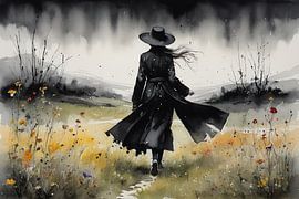 Frau in Schwarz zwischen Wildblumen