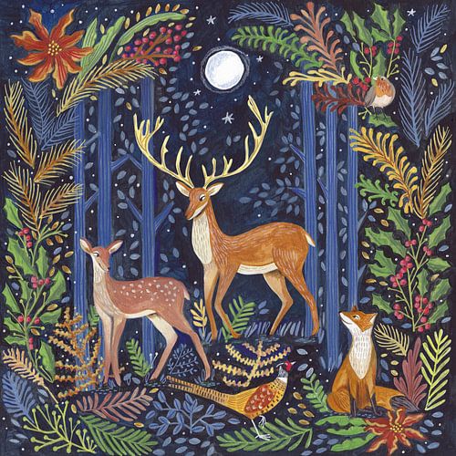 Woodland animals in dark forest by moonlight