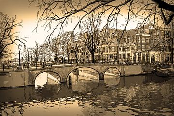 Sepia-Zeichnung Brouwersgracht Keizersgracht Amsterdam Schreibschrift Strichzeichnung von Hendrik-Jan Kornelis