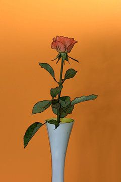stilleven illustratie van een rode roos in witte vaas met oranje achtergrond van W J Kok