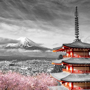 Vue grandiose sur le Mont Fuji avec la pagode Chureito pendant la floraison des cerisiers