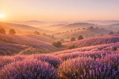 Lavender Hills in the Morning Gold – A picturesque hilly landscape at golden hour