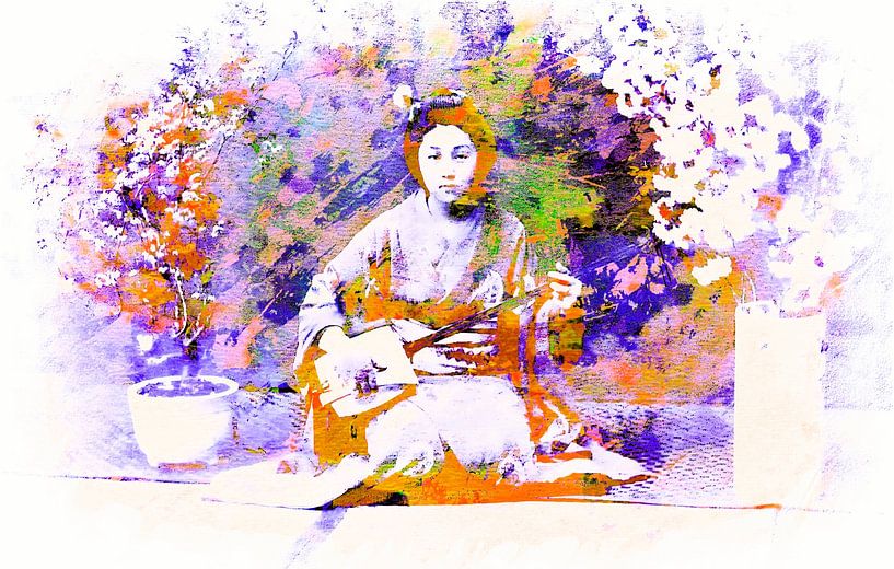 Geisha Spirit in Purple and Gold Retro Japandi Style by Mad Dog Art