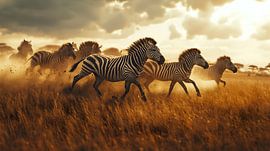 Galloping Zebras in the Sunlit Savannah by Lisa Bovenlander
