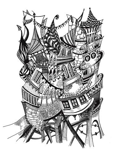 Türme des Staunens - Strichzeichnung in Schwarz und Weiß