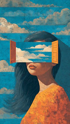 Venster naar de hemel – Surrealistische vintage illustratie van een vrouw