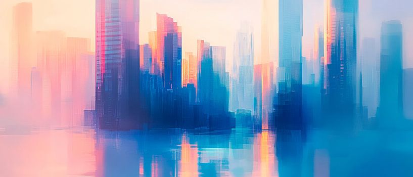 Kleurrijk stadssilhouet in de mist van Poster Art Shop